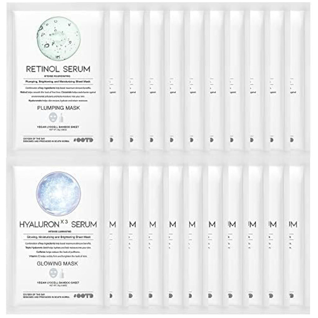 #OOTD Retinol + Hyaluron Serum Korean Sheet Mask Sheet Gift Pack [20 Count] Plumping Glowing Luminating Hydrating Rejuvenating Sheet Mask Gift Pack