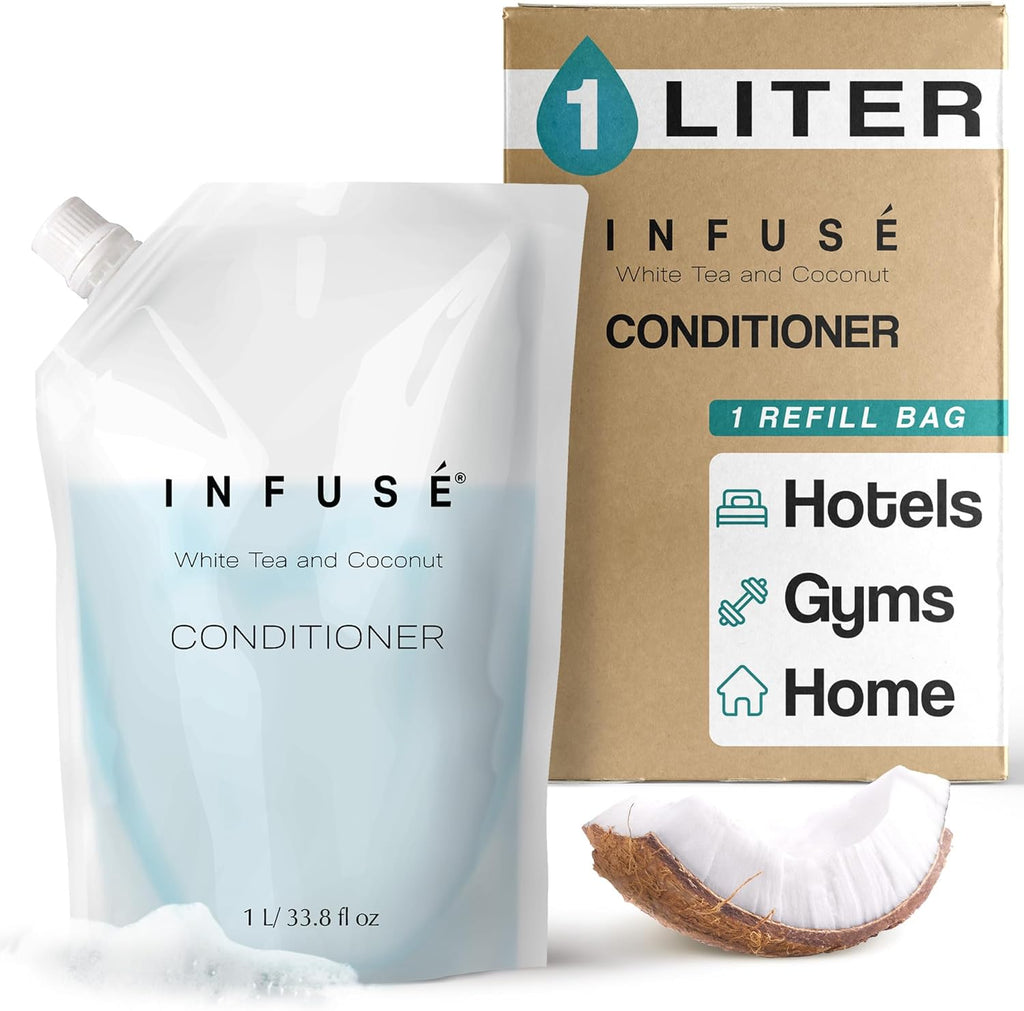 1 Liter Conditioner Refill Bag For Soap Dispensers | Bulk Toiletries for Vacation Rentals, and Home Bathroom Showers | White Tea and Coconut | Single
