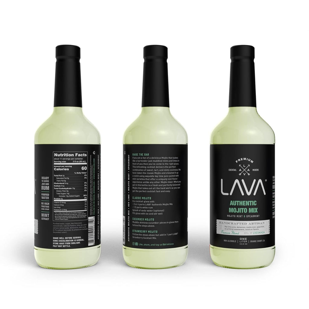 (3 Pack) LAVA Premium Authentic Mojito Mix, Made with Real Lime Juice, Mojito Mint, Spearmint, Demerara, Cane Sugar, Refreshing Rum Mojito Mixer. Ready to Use. 1-Liter (33.8oz) Glass Bottle