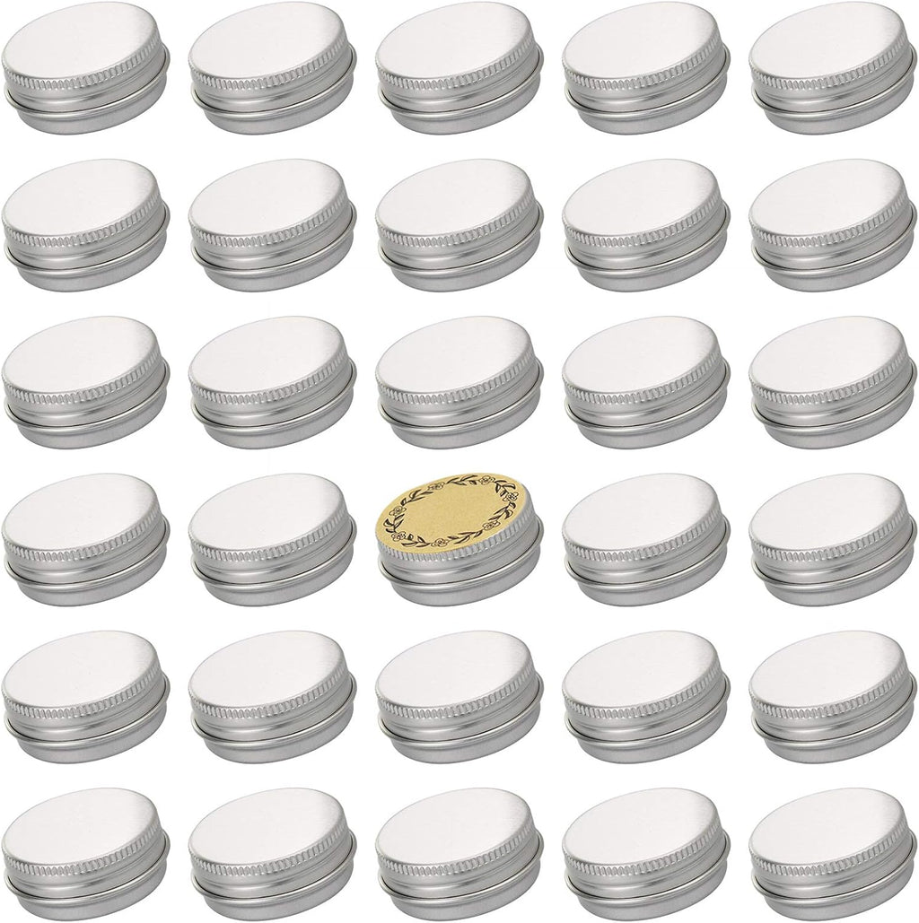 0.5 oz Screw Top Aluminum Tin Jar with Screw Lid and Blank Labels (Silver - Pack of 32)