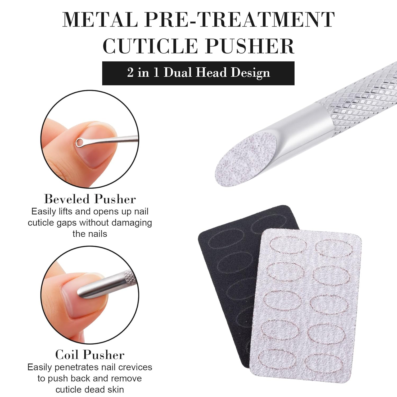 1 Pcs Cuticle Pusher Tool with 100#/240# Grit Nail Files, Metal Cuticle Tools, Stainless Steel Round Manicure Tools for Manicure Pedicure Nail Art, Salon, Home Use