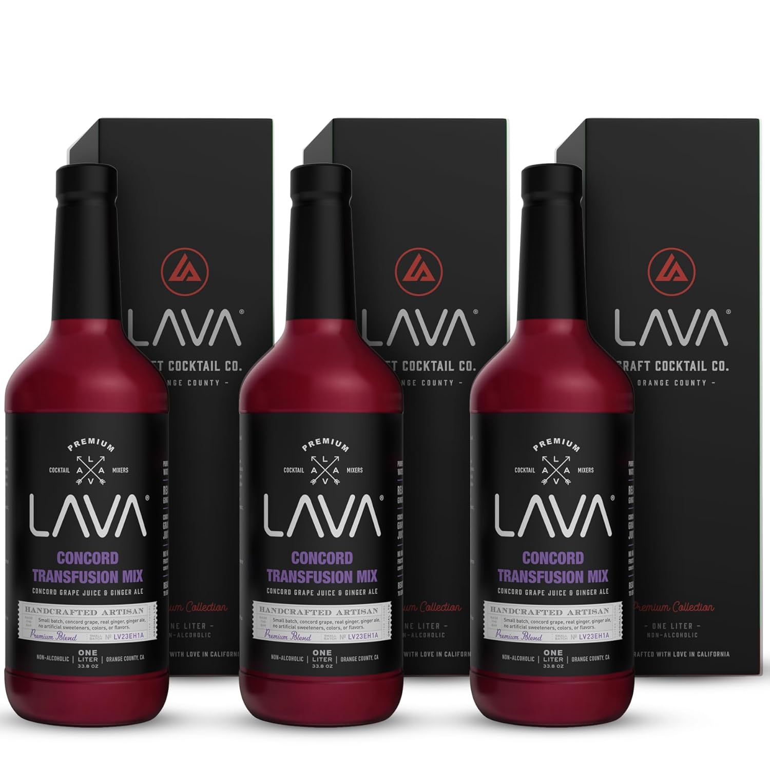 (3 Pack) LAVA Premium Concord Transfusion Mix made with concord grape juice, real ginger, ginger ale, no artificial sweeteners, 1-Liter (33.8oz) Glass Bottle, Ready to Use.