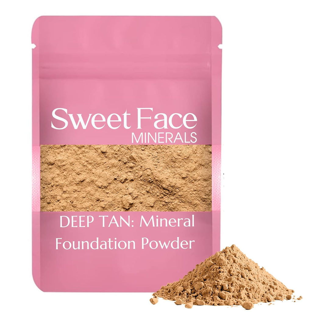 (12 Gram Bag) (Deep Tan) Foundation Powder Refill By Sweet Face Minerals, Lightweight Mineral Loose Makeup Powder with SPF 20, Full Coverage Flawless Finish, Talc-free, Cruelty-Free, Refillable Pouch