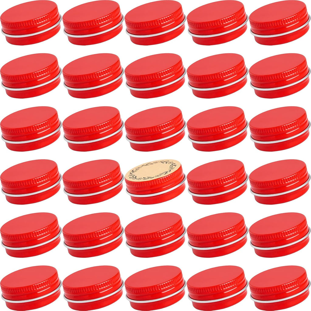 0.5 oz Screw Top Aluminum Tin Jar with Screw Lid and Blank Labels (Red - Pack of 32)