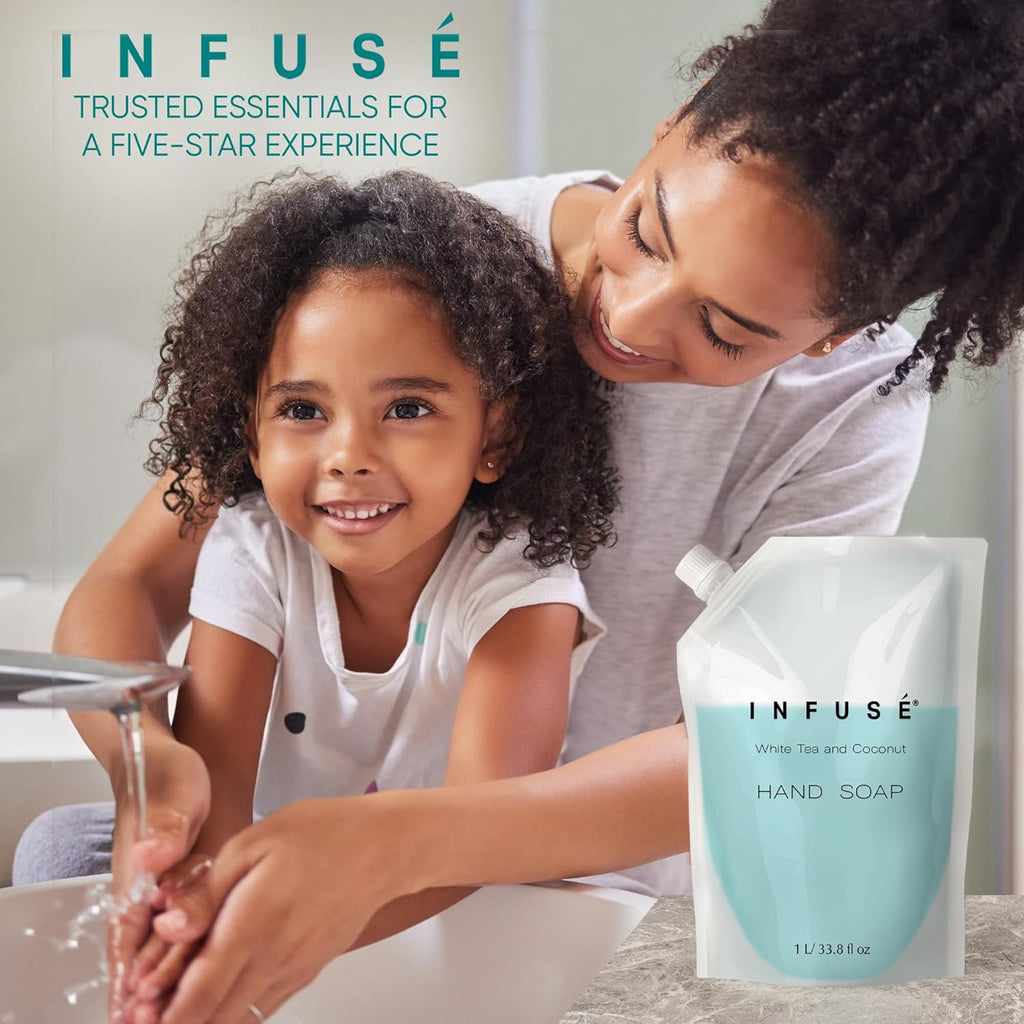 1 Liter Hand Wash Refill Bag For Soap Dispensers | Bulk Toiletries for Vacation Rentals, and Home Bathroom Showers | White Tea and Coconut | Single