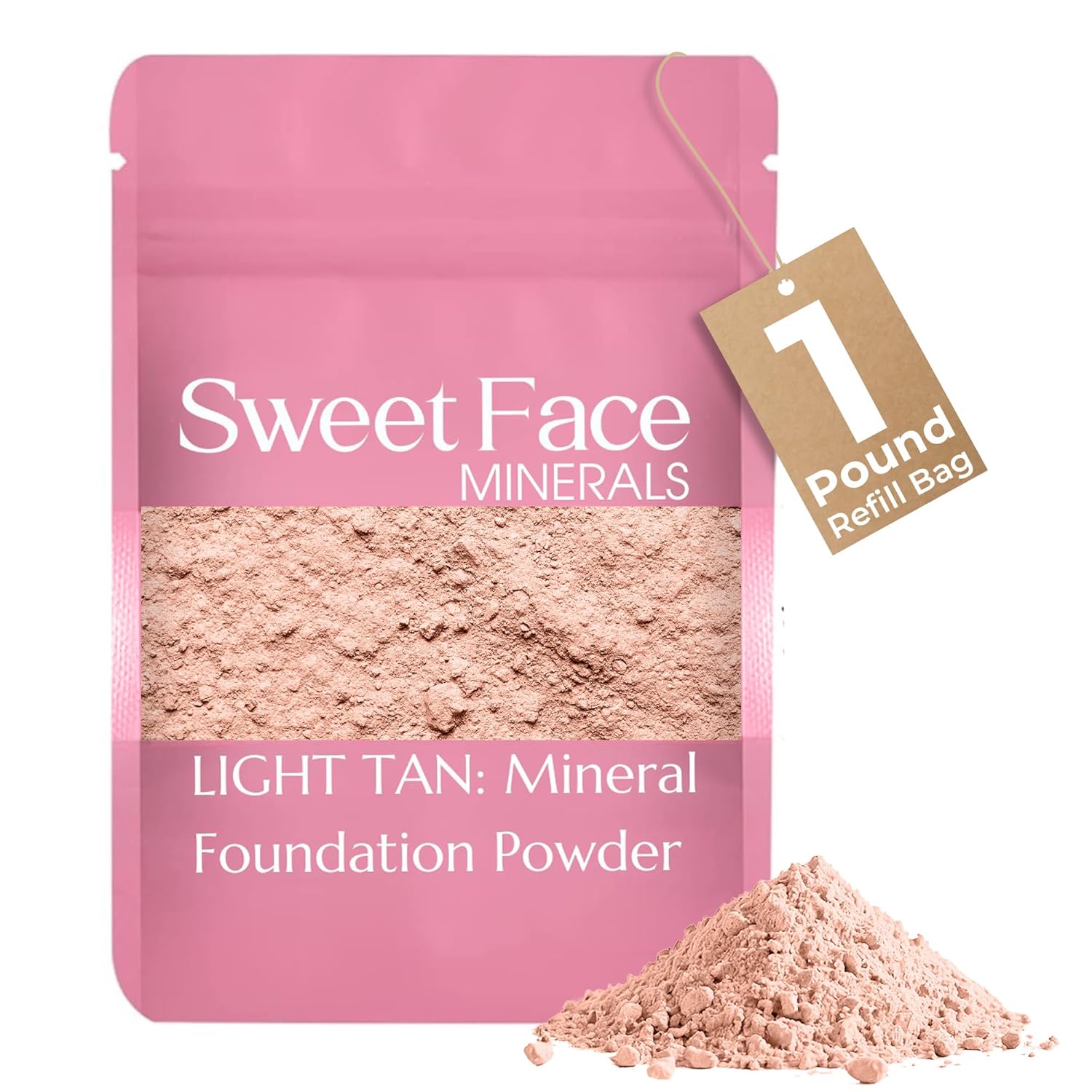 (1 Pound) (Light Tan) Foundation Powder Refill By Sweet Face Minerals, Lightweight Mineral Loose Makeup Powder with SPF 20, Full Coverage Flawless Finish, Talc-free, Cruelty-Free, Refill Pouch