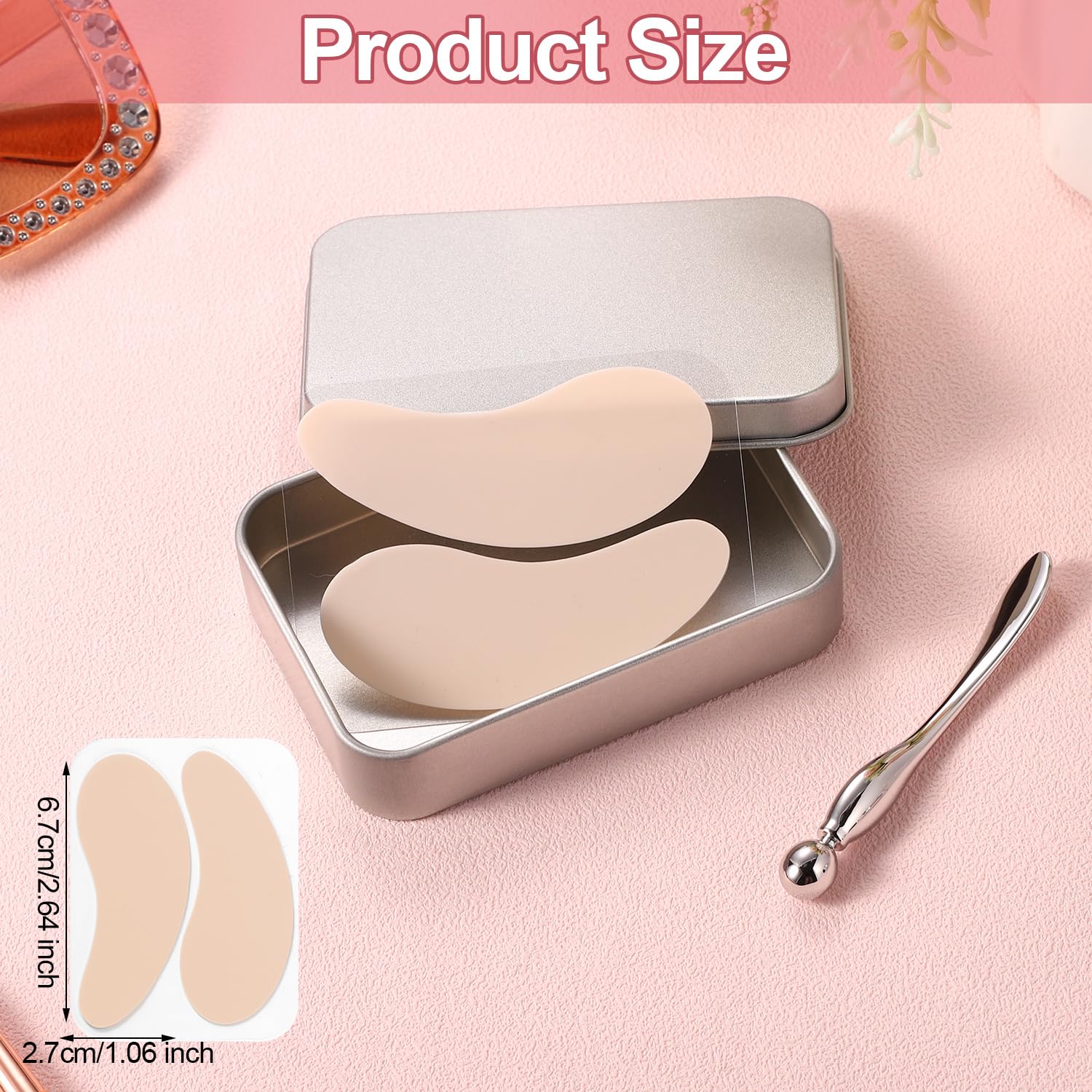 1 Pair Reusable Eye Patch, Silicone Reusable Eye Gel Pads Eye Wrinkle Patches Under Eye Mask, Plump Fine Lines & Wrinkles with Metal Eye Cream Applicator & Tin Case (Cream Color)