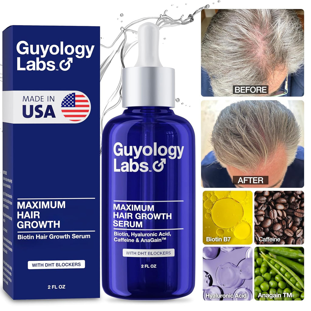 "Guyology Labs Biotin Hair Growth Serum for Men, Women & All Types of Hair - DHT Blocker & Scalp Serum - Hyaluronic Acid, Citrus - Anti Thinning Hair - Anti Hair Loss - Hair Regrowth - Made in USA"